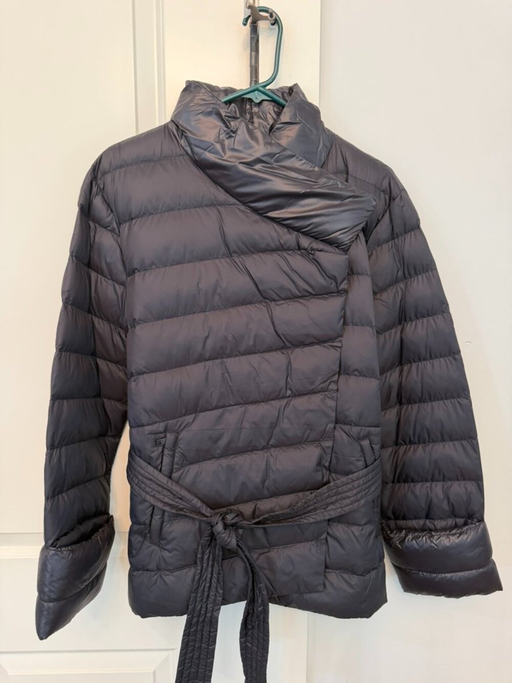 Lole Wrap Puffer Jacket | XL | Black | Belted Down Coat | Asymmetrical Collar